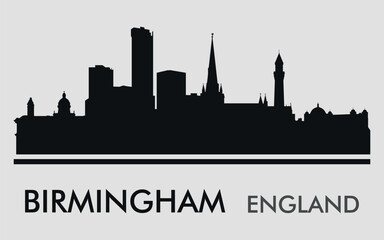 Obraz premium The city skyline. Birmingam. England. Silhouettes of buildings. Vector on a gray background