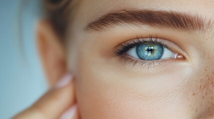 Close-up of a person's blue eye with soft focus background and natural light