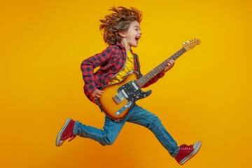A young boy playing an electric guitar, his hair standing on end, shouting and having fun against a yellow background. The child is dressed in jeans and sneakers and has dark brown eyes.