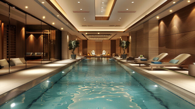 A luxurious indoor pool with crystal clear water and stylish sun loungers, lighting, creates a calm and luxurious atmosphere.