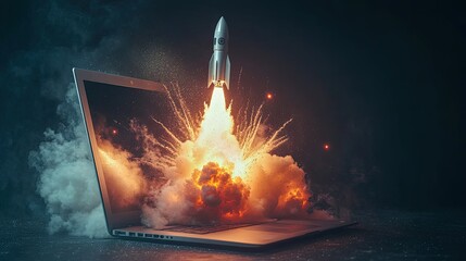 Spacecraft blasting off from notebook screen business venture
