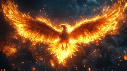 majestic phoenix rising from flames dark backdrop fiery feathers powerful wings symbol of rebirth mythical creature reborn