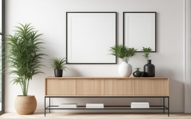 Mockup poster frame in modern interior with white wall and wooden console, home interior with plant, 3d rendering