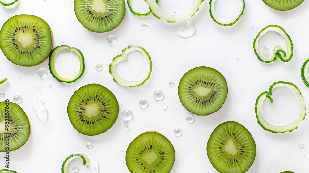 Poster Clean and healthy aesthetic: kiwi and cucumber slices arranged on a white background for a refreshing display