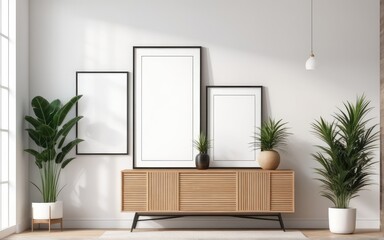 Mockup poster frame in modern interior with white wall and wooden console, home interior with plant, 3d rendering