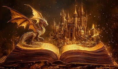 Naklejka premium An open book with an intricate scene of fantasy and adventure coming to life featuring dragon and medieval castles on the pages. The background is a dark brown.