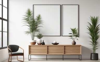 Mockup poster frame in modern interior with white wall and wooden console, home interior with plant, 3d rendering