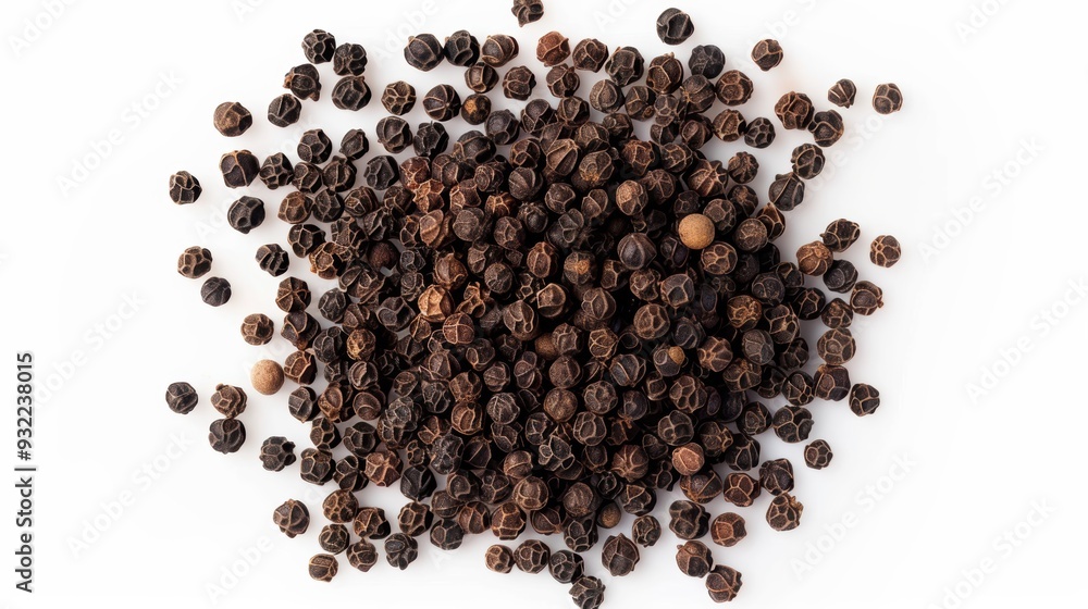 Poster close-up of black peppercorns on a white background, creating a unique pattern. the aromatic spice a