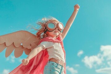 A child with cardboard wings and pilot goggles is flying in the sky, their arm raised up to soar high. The background features clear blue skies without clouds, Happy child playing outdoors