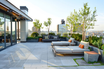 Urban rooftop terrace with medium-textured concrete flooring.
