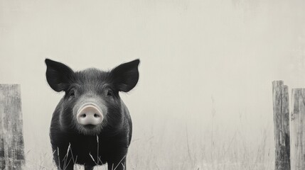 A black pig stands between wooden posts in a misty field during early morning light