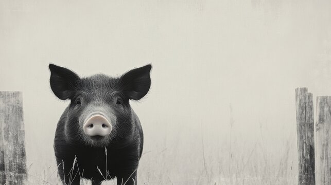 A black pig stands between wooden posts in a misty field during early morning light