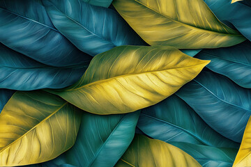 Fototapeta premium Padrão perfeito de folhas coloridas em tons vibrantes, detalhadas e sobrepostas, criadas por IA generativa, ideal para uso em designs contínuos ou como fundo, padrão seamless, coloridas