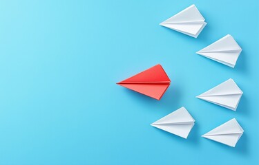 Group of paper plane in one direction and with one individual pointing in the different way. Business concept for new ideas creativity and innovative solution