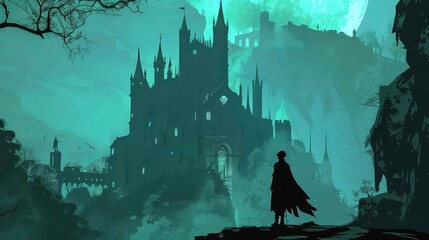 A lone figure stands silhouetted against a misty backdrop, gazing towards a looming gothic castle. The moon hangs high in the sky, casting an ethereal glow.