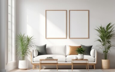 Mockup poster frame in modern interior with white wall and wooden console, home interior with plant, 3d rendering