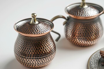 A couple of copper pots sitting on top of a table