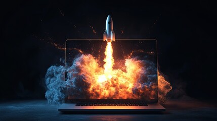 Spacecraft lifting off from laptop screen business venture