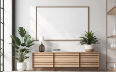 Mockup poster frame in modern interior with white wall and wooden console, home interior with plant, 3d rendering