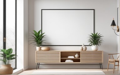 Mockup poster frame in modern interior with white wall and wooden console, home interior with plant, 3d rendering
