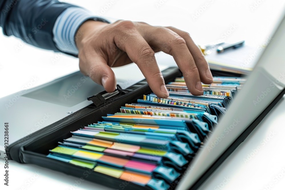 Poster a person sits at a desk with multiple stacks of playing cards, focused on their laptop