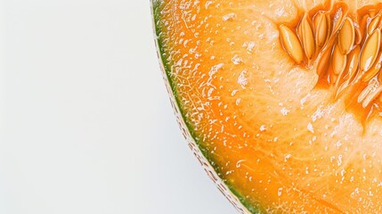 Ripe cantaloupe melon sits on a white surface, displaying its juicy orange flesh, seeds, and textured rind