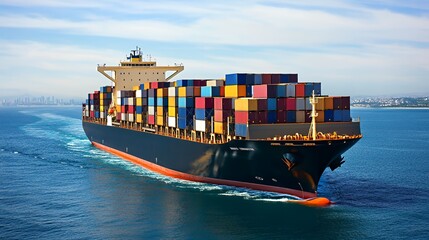 Fototapeta premium Large container ship loaded with colorful cargo containers sails across the blue ocean under a bright sunny sky.