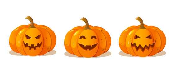 Cartoon Halloween carved pumpkins with different faces expressions isolated on white background.
