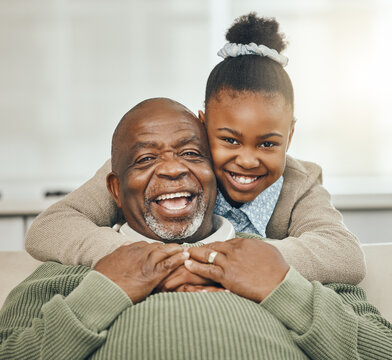 Home, grandfather and girl with smile, hug and love with break, bonding together and happiness. Black family, apartment and senior man with grandchild, portrait and funny with joy, silly and embrace