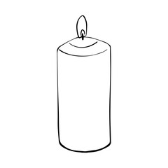 Vector Wax Candle on isolated background. Hand drawn illustration candlelight in line art style painted by black inks. Simple contour Sketch for Cozy Home Decor, greeting cards and invitation