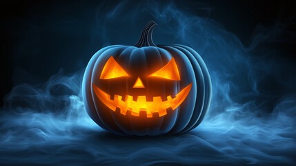 An abstract Halloween pumpkin against a dark blue background with waves of smoke. Halloween celebration concept.