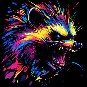Fierce Neon Badger with Explosive Colors and Aggressive Expression on a Dark Background, Showcasing Intense and Bold Digital Art