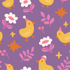 Cute vector seamless pattern with ducks and floral elements. Cartoon beautiful background.