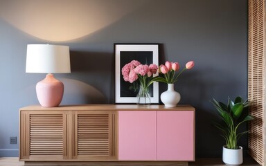 Pink lamp above wooden sideboard