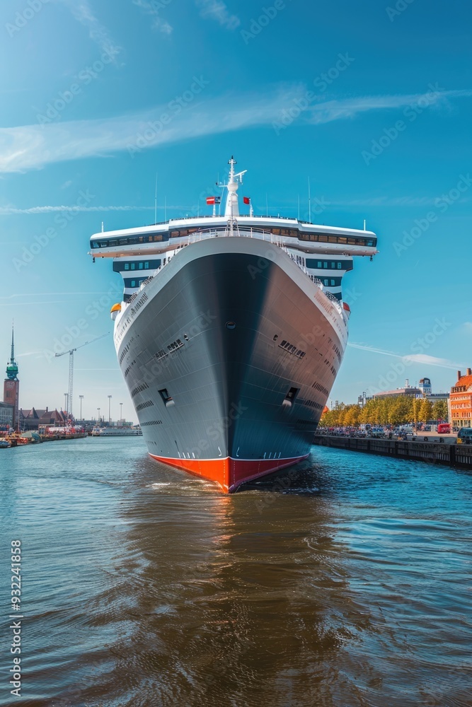 Poster a massive cruise ship sailing on the open waters, ideal for use as a background or to represent vaca