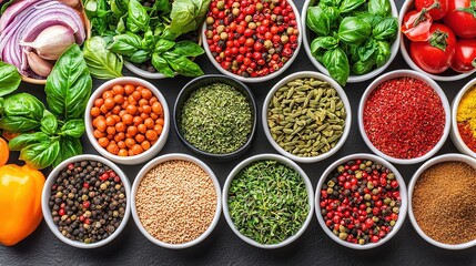 Fototapeta premium A photo showcases a table laden with various bean and vegetable bowls alongside a heap of peppers