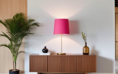 Pink lamp above wooden sideboard
