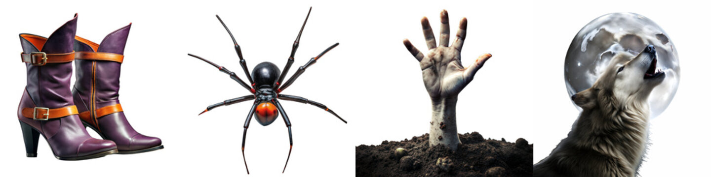 Spooky collection featuring purple boots, redback spider, zombie hand emerging from soil, and howling wolf against transparent background