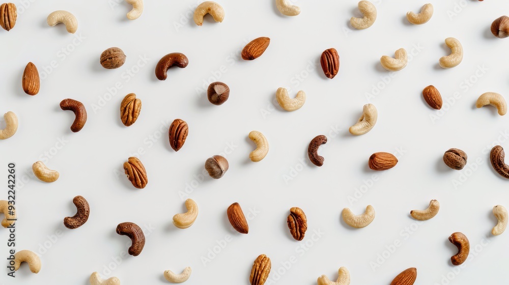 Aufkleber variety of nuts are lying on a white surface, creating a visually appealing pattern