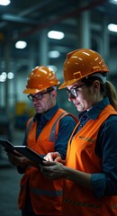 Industrial Engineers with Tablet, Portrait of Man and Woman in Factory Setting. vertical orientation.