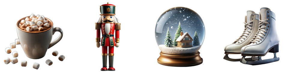 Winter holiday essentials with hot cocoa, nutcracker, snow globe, and ice skates on a transparent background capturing festive spirit