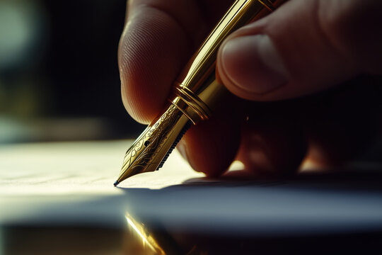 M&atilde;o masculina escrevendo com uma caneta dourada em papel, foco no detalhe da escrita, luz suave e ambiente corporativo, criado por IA generativa, ideal para temas de neg&oacute;cios, assinatura de documentos