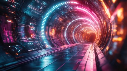 Obraz premium mesmerizing abstract futuristic tunnel with swirling neon lights in vibrant pink blue and green creating a sense of highspeed motion and data transfer through a scifi portal