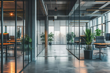 Contemporary office interior with medium-textured concrete floors.