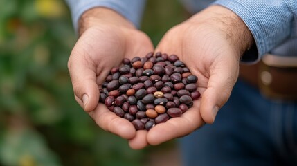 Farmer holding freshly harvested black beans in hands amidst lush green plants