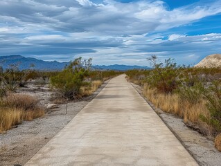 A path in the desert with a mountain in the background, generative ai image