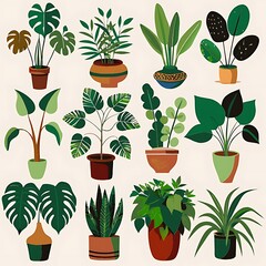 Hand-Drawn Houseplant Collection in Decorative Pots for Home Decor
