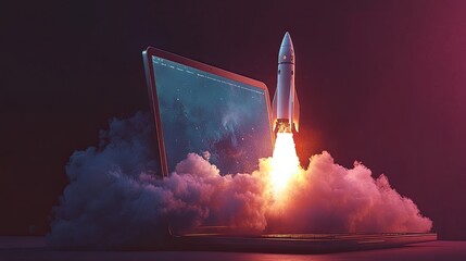 Laptop and spacecraft flying from the display startup idea