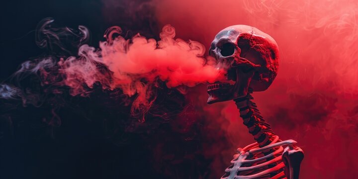 Skeleton exhaling vibrant red vapor while using an e cigarette