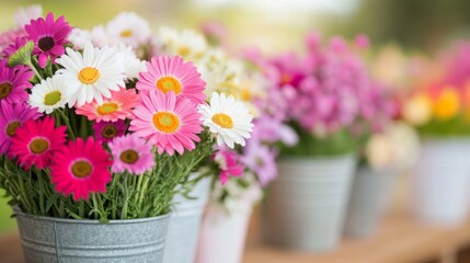 Colorful flower display in a shop with various blooms arranged in pots
